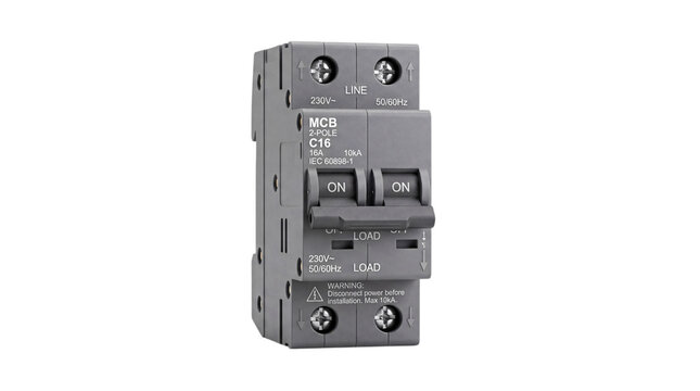 Gray two-pole miniature circuit breaker (mcb) with on/off isolated on png transparent background