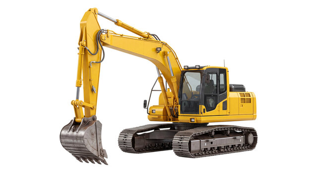 Heavy duty yellow excavator construction vehicle with large isolated on png transparent background
