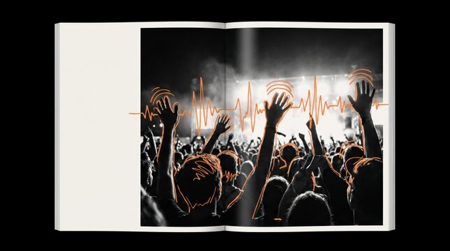Excited crowd raises hands at a concert as an illustrated orange soundwave pulses above