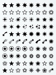 Fototapeta premium Large Collection of Black Star Icons and Sparkle Symbols on White Background for Graphic Design and UI Projects
