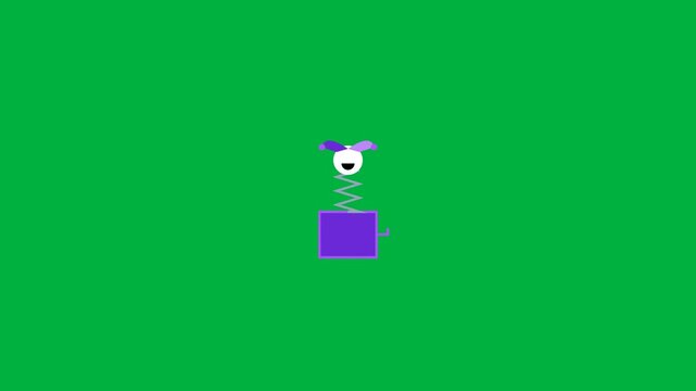 Jester jack in box toy popping up and down rhythmic motion on vibrant green background loop.