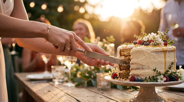 Hands cutting a celebration cake with a long thin knife