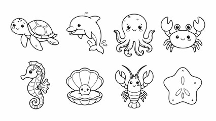 Obraz premium Sea Animals Doodle Set, Hand Drawn Ocean Creatures Collection