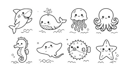 Fototapeta premium Sea Animals Doodle Set, Hand Drawn Ocean Creatures Collection