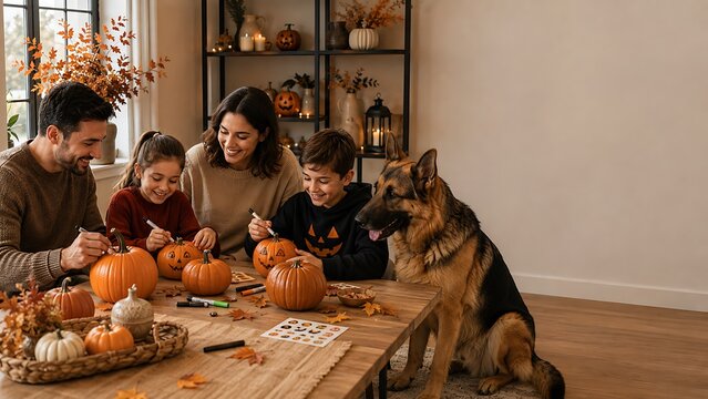 Family carving pumpkins together indoors