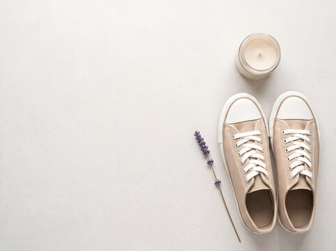 Minimalist beige sneakers, casual canvas shoes, lifestyle flat lay with candle