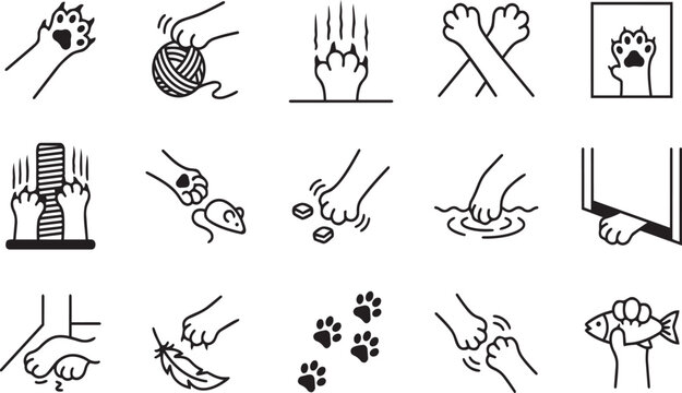 Diverse set of linear icons depicting various cat paw gestures and playful pet behaviors.
