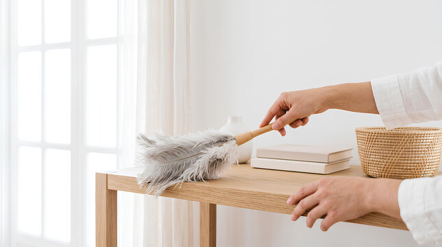 Hands dusting a wooden shelf with a soft feather duster