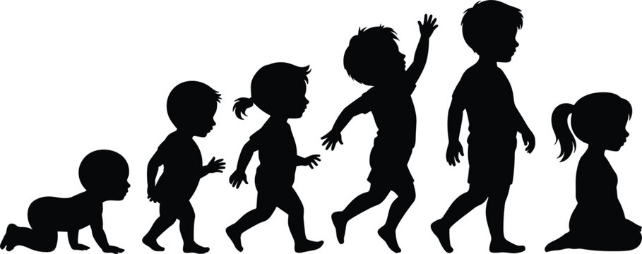 Black silhouette of children at different stages of growth, from crawling baby to young child, isolated on a white background, of human development