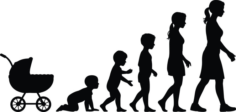 Black silhouette sequence showing the growth stages of a human from a baby in a stroller to a crawling infant, toddler, young child, teenager, and woman walking