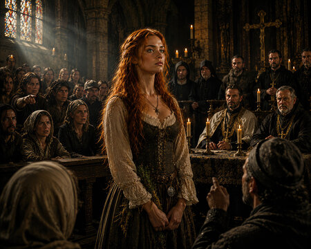 Medieval Witch Trial in Gothic Church with Accused Woman and Religious Tribunal