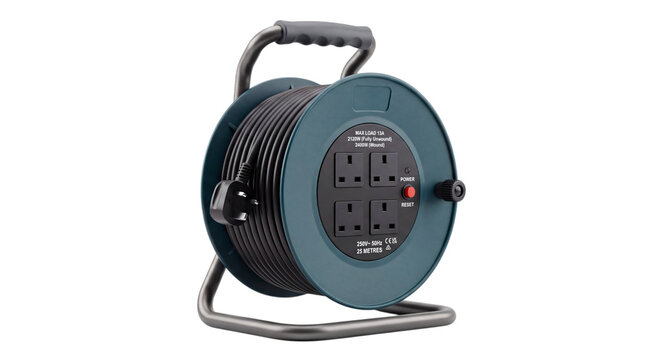 Teal extension cord reel with four uk sockets and black handle isolated on png transparent background