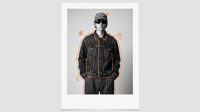 Cool man in denim jacket poses for a polaroid framed by a bold illustrated orange outline