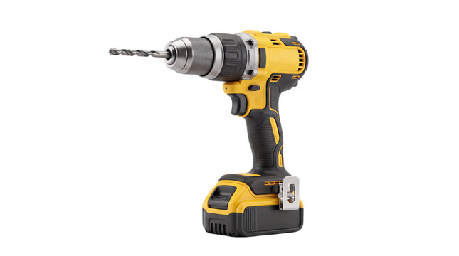 Yellow and black cordless power drill with drill bit on white isolated on png transparent background