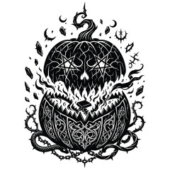 Fototapeta premium Demonic Halloween Pumpkin Monster with Pentagram Eyes and Snake Vector Line Art