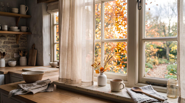 Autumn leaves visible through a bright kitchen window