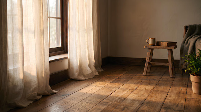 Golden afternoon light falling across a wooden floor through curtains