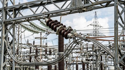 Fototapeta premium High voltage electrical substation equipment and power lines