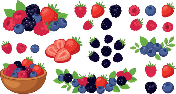 Fresh mixed berries vector collection featuring sweet strawberries raspberries blueberries and blackberries in heaps slices a wooden bowl and green leaf borders.