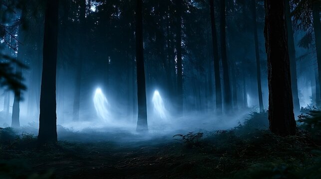 Ghostly spirits emerging in a dark haunted forest