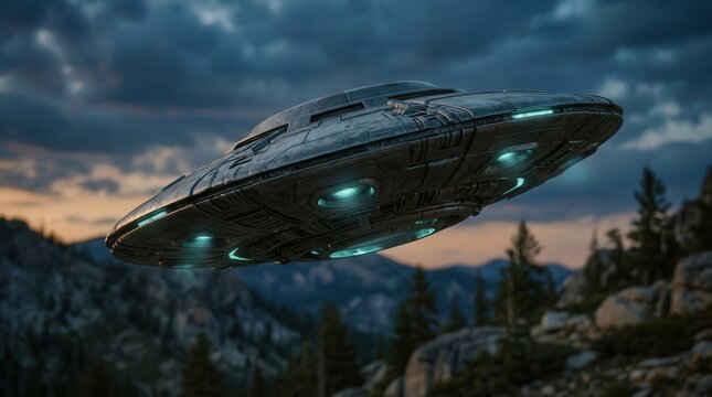 Metallic UFO flying over a mountain landscape at twilight