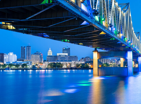 Peoria, Illinois, USA cityscape on Lake Peoria under the Murray Baker Bridgeat blue hour 71