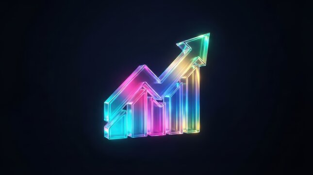 Neon glass bar chart with upward trending arrow