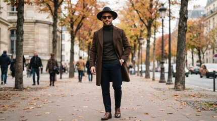 Obraz premium Stylish man in brown coat and fedora walking on autumn city street