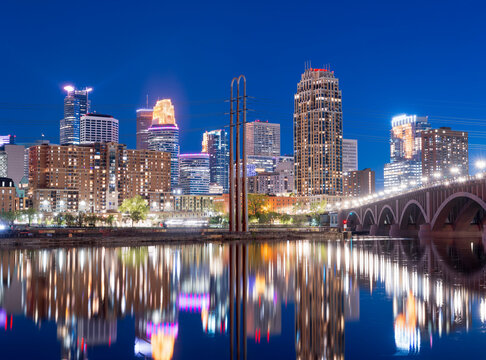 Minneapolis, Minnesota, USA downtown city skyline on the Mississippi at blue hour 31