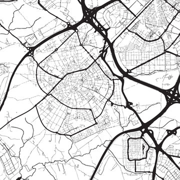 Mostoles in Spain Street map featuring a dense urban road network with ring roads and highways.