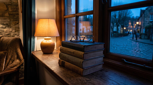 A stack of books and reading glasses on a wide window sill