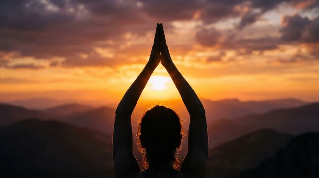 Woman silhouette practicing yoga at sunset in mountains