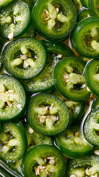topdown view of sliced green jalapeno peppers in brine, vibrant green pickled jalapeno slices with visible seeds, preserved jalapeno pepper rings submerged in brine