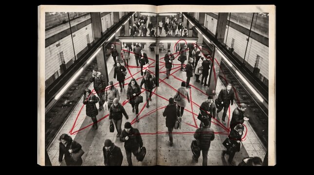 Commuters move through a subway platform linked by illustrated red network lines