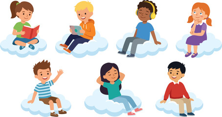 Fototapeta premium Flat Vector Set of Children Reading, Listening to Music, Using a Laptop and Relaxing on Clouds