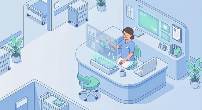An isometric illustration of a healthcare worker at a hospital desk interacting with a floating holographic data panel showing abstract charts and icons in pastel blues and whites.