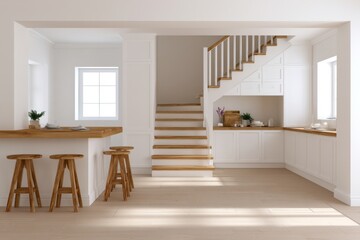 Fototapeta premium Bright modern white kitchen interior with wooden staircase breakfast bar and stools