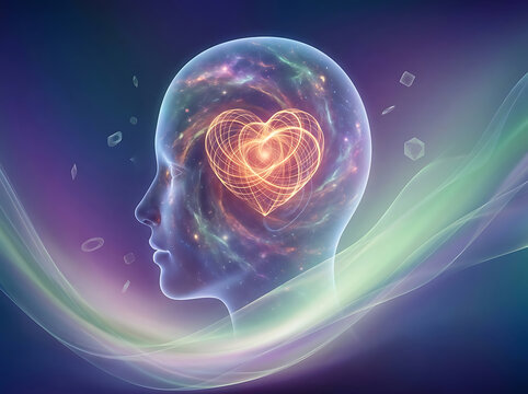 Glowing heart inside human head silhouette representing emotional intelligence