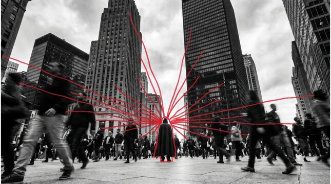 Solitary man stands amid a blurred crowd as illustrated red lines radiate from his silhouette