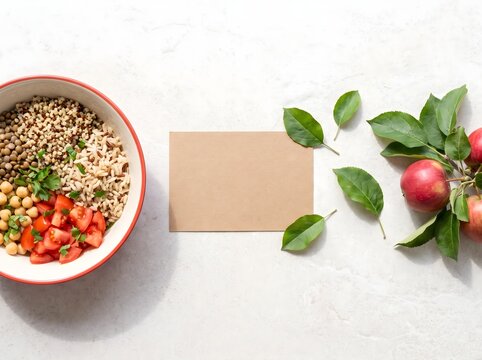Healthy Buddha bowl, blank paper card mockup, fresh apples on white background