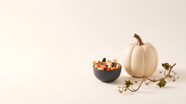 Minimalist white pumpkin, autumn harvest bowl, elegant fall still life