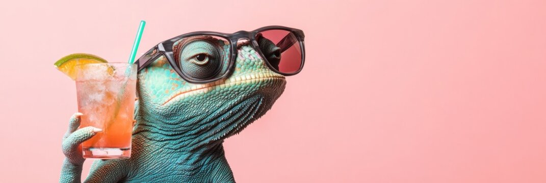 Colorful lizard wearing stylish sunglasses holds a refreshing cocktail with a slice of lime against a vibrant pink background, embodying a fun and relaxed summer vibe