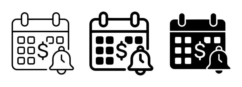 Calendar Icons with Dollar Sign and Notification Bell, Financial Planning and Reminder Symbols