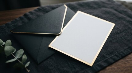 Fototapeta premium Blank card with gold border and black envelope on dark fabric mockup