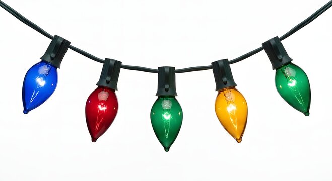 Colorful retro Christmas string lights with glowing multicolored bulbs isolated on pure white background with copy space for holiday celebration banner