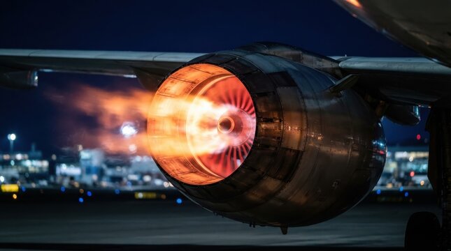 Commercial airplane jet engine thrusting with fire at night