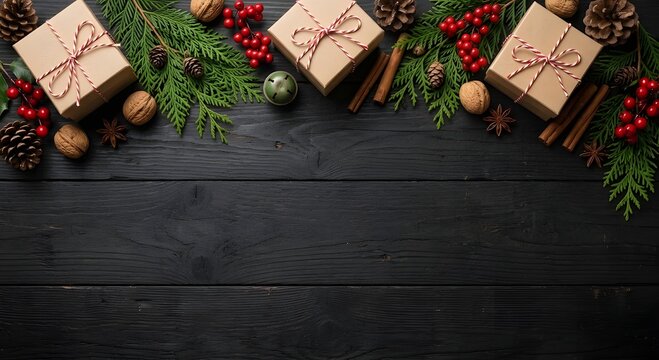 Christmas top border with craft gift boxes pine cones cedar branches walnuts and cinnamon sticks on dark black wooden background with copy space for banner