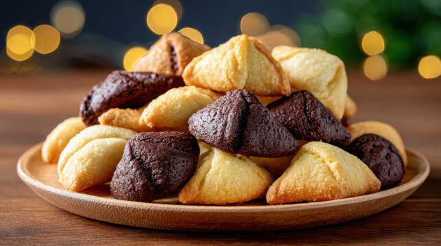Assorted bite sized cookies and pastries piled on wooden plate featuring chocolate and vanilla varieties displayed on table with decorative bokeh lights in background for dessert or snack setting