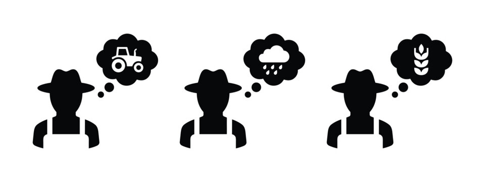 Set of three black silhouette farmer characters with thought bubbles, agricultural concepts.