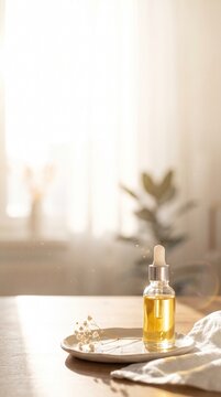 Inner beauty and wellness lifestyle background: tranquil arrangement of organic skincare cosmetics bathed in soft morning light.